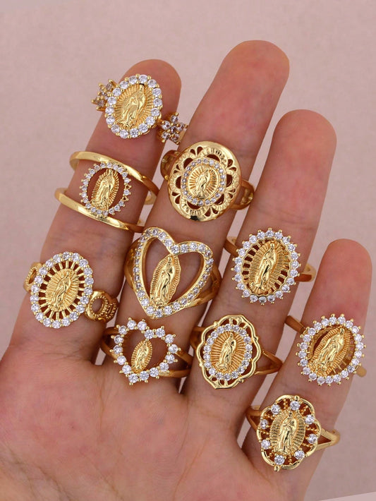 1 pieza Anillo ajustable para mujeres y hombres con retrato de la Virgen María, chapado en cobre con oro de 18 K e incrustado con circonia, de moda y sencillo, adecuado para el uso diario
