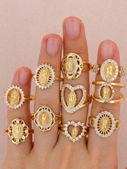 1 pieza Anillo ajustable para mujeres y hombres con retrato de la Virgen María, chapado en cobre con oro de 18 K e incrustado con circonia, de moda y sencillo, adecuado para el uso diario