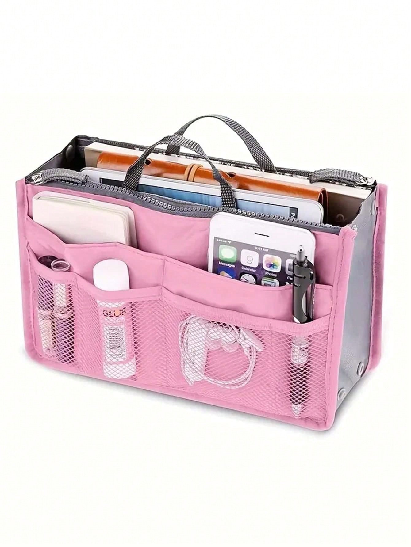 1 pieza Bolsa de maquillaje de cremallera doble de mano, organizador de tocador multifuncional, bolsillos interiores de cremallera doble