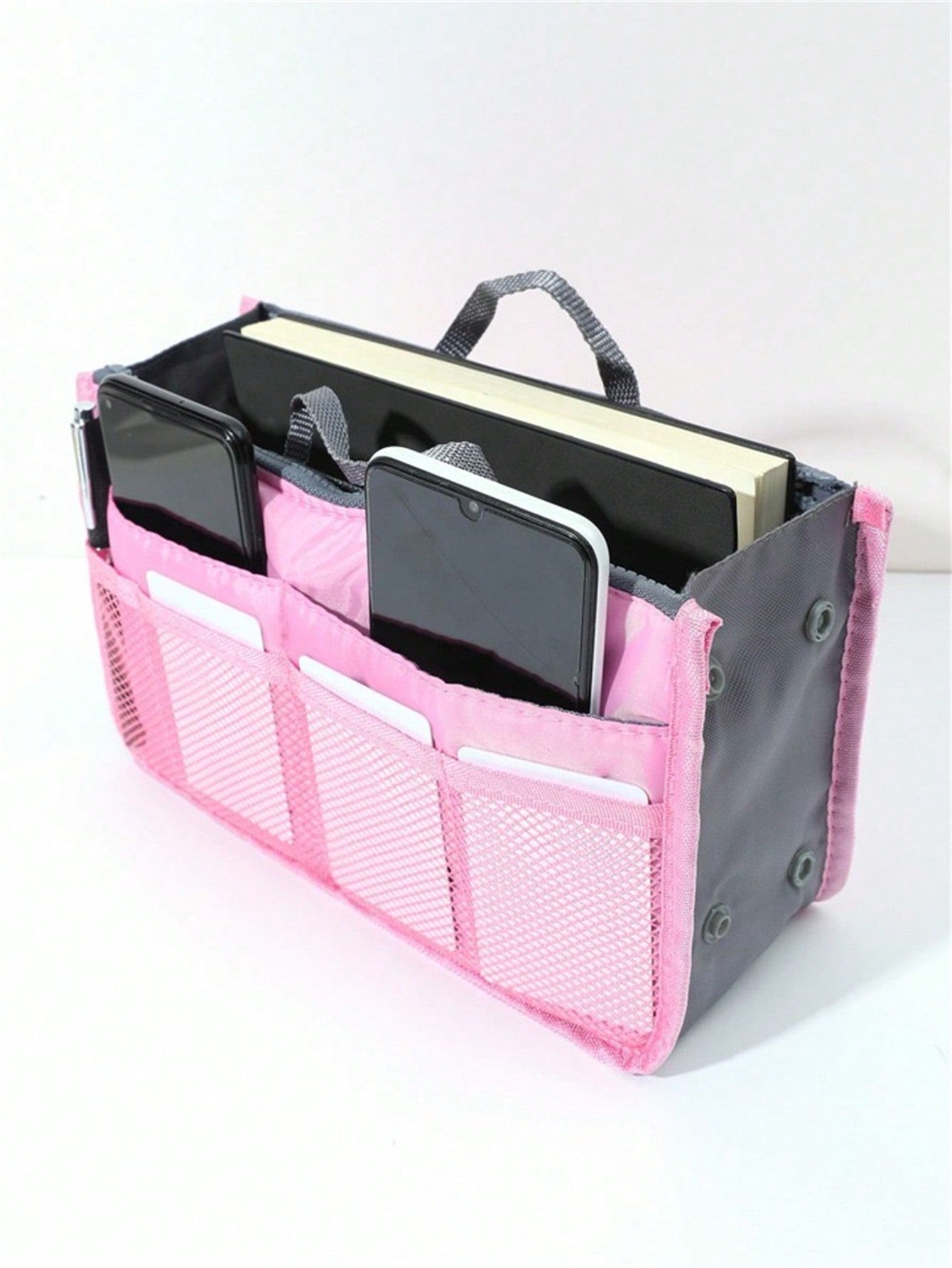 1 pieza Bolsa de maquillaje de cremallera doble de mano, organizador de tocador multifuncional, bolsillos interiores de cremallera doble