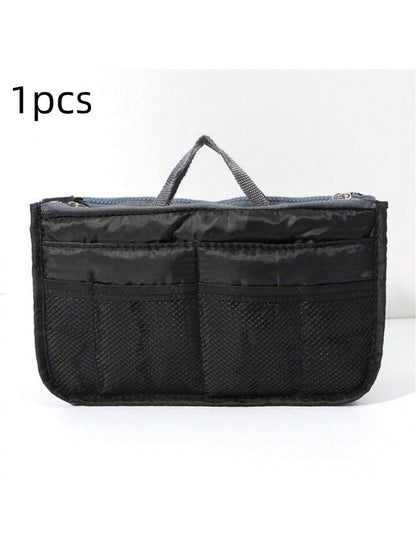 1 pieza Bolsa de maquillaje de cremallera doble de mano, organizador de tocador multifuncional, bolsillos interiores de cremallera doble