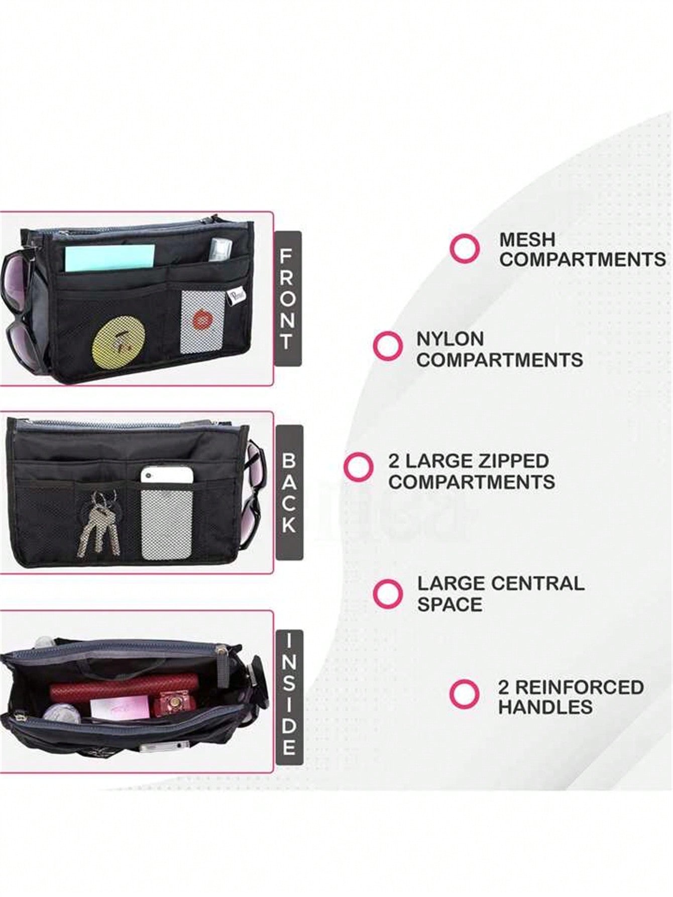 1 pieza Bolsa de maquillaje de cremallera doble de mano, organizador de tocador multifuncional, bolsillos interiores de cremallera doble