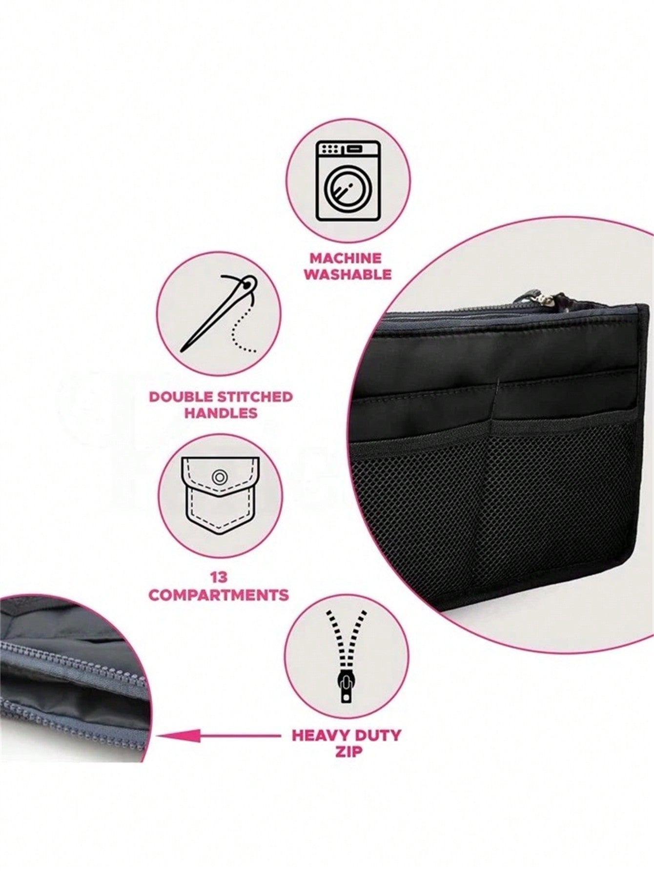 1 pieza Bolsa de maquillaje de cremallera doble de mano, organizador de tocador multifuncional, bolsillos interiores de cremallera doble
