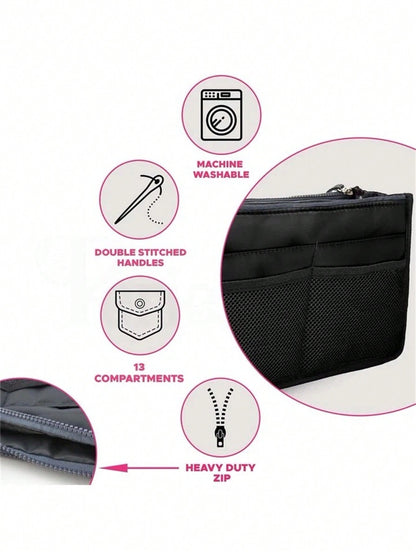 1 pieza Bolsa de maquillaje de cremallera doble de mano, organizador de tocador multifuncional, bolsillos interiores de cremallera doble