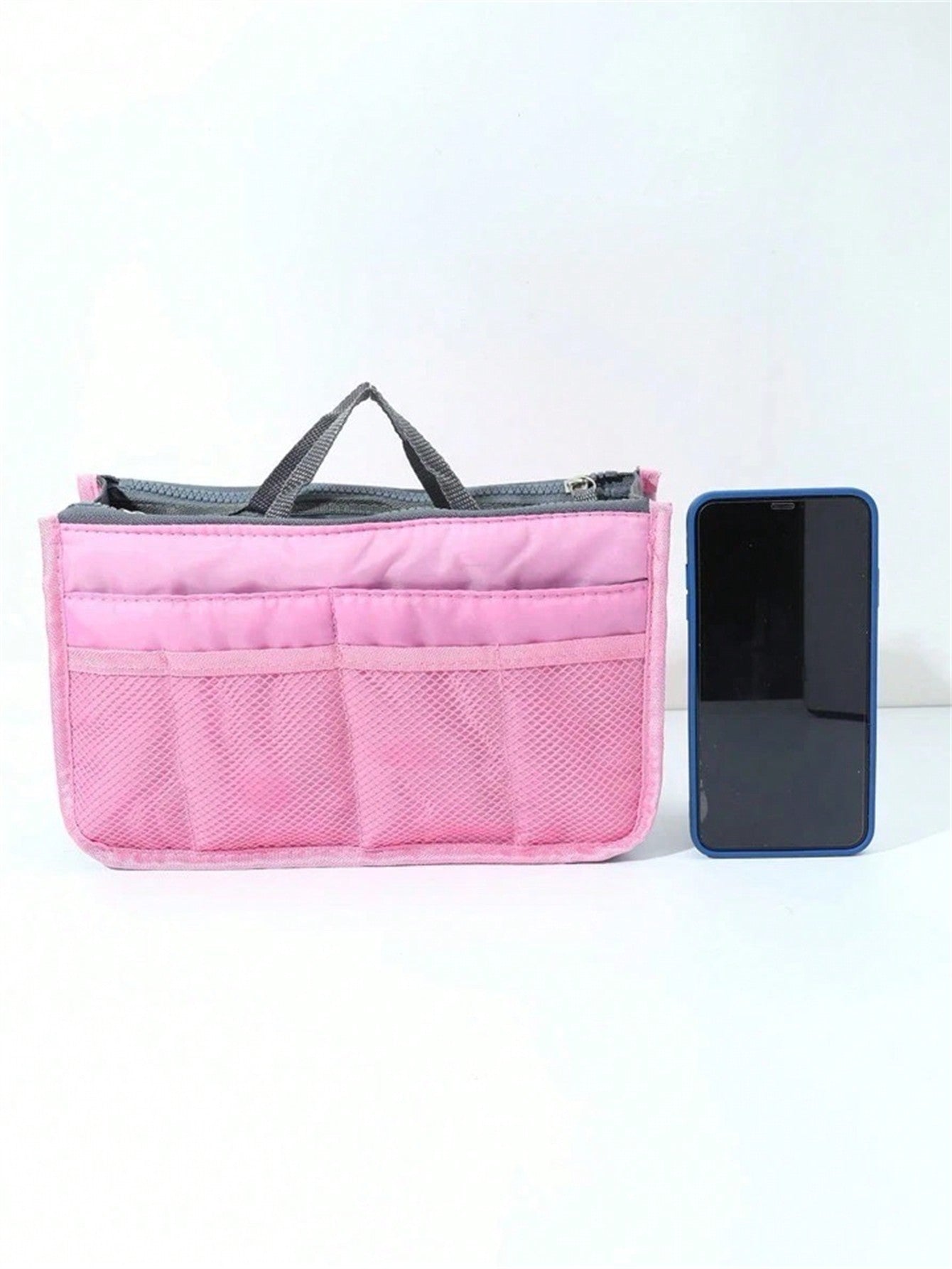 1 pieza Bolsa de maquillaje de cremallera doble de mano, organizador de tocador multifuncional, bolsillos interiores de cremallera doble