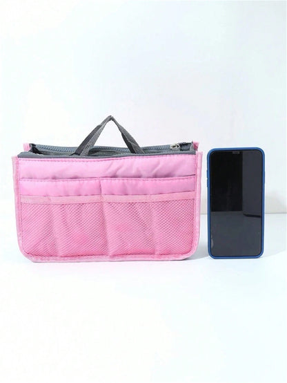 1 pieza Bolsa de maquillaje de cremallera doble de mano, organizador de tocador multifuncional, bolsillos interiores de cremallera doble