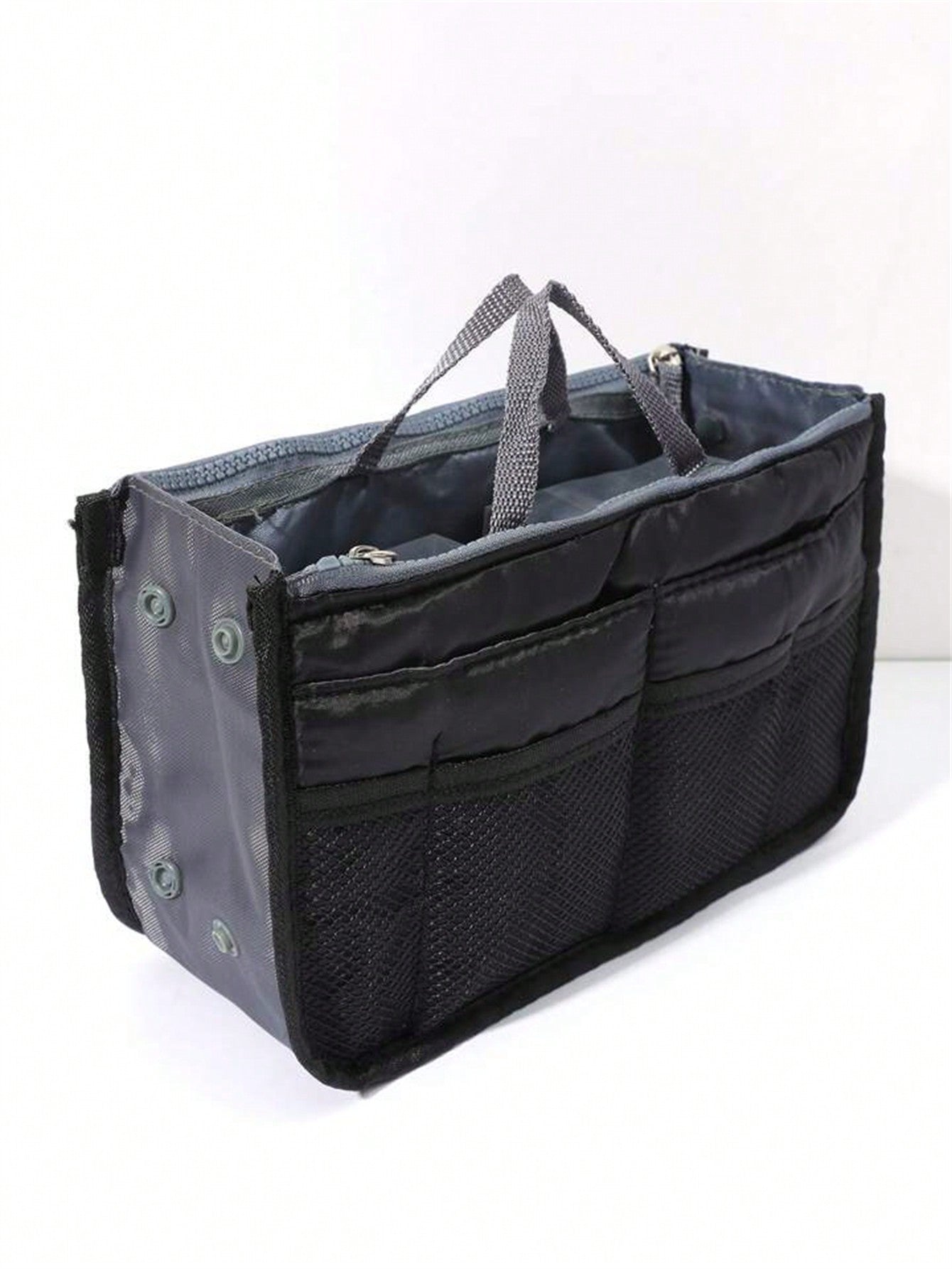 1 pieza Bolsa de maquillaje de cremallera doble de mano, organizador de tocador multifuncional, bolsillos interiores de cremallera doble