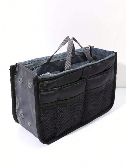1 pieza Bolsa de maquillaje de cremallera doble de mano, organizador de tocador multifuncional, bolsillos interiores de cremallera doble