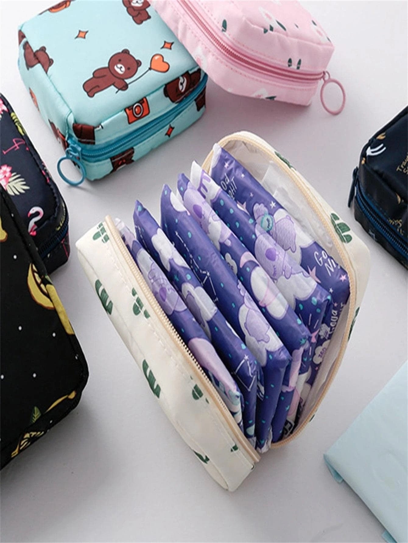1 pieza Bolsa portátil de almacenamiento de toallas sanitarias para viaje, bolsa de maquillaje, bolsa de cosméticos, organizador de vacaciones, organizador de maquillaje de gran capacidad, estuche de maquillaje, para lápiz labial, pincel