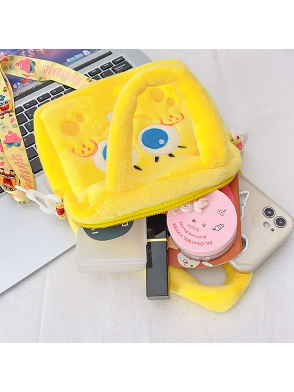 1 Pieza Bolso de mano de mujer de Bob Esponja - Un bolso de mano de peluche para mujer, Bolsa de maquillaje de Bob Esponja, Un bolso cruzado grande y lindo con gran capacidad, Adecuado para varios cosméticos, Un bolso de