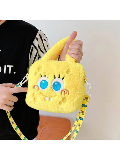 1 Pieza Bolso de mano de mujer de Bob Esponja - Un bolso de mano de peluche para mujer, Bolsa de maquillaje de Bob Esponja, Un bolso cruzado grande y lindo con gran capacidad, Adecuado para varios cosméticos, Un bolso de