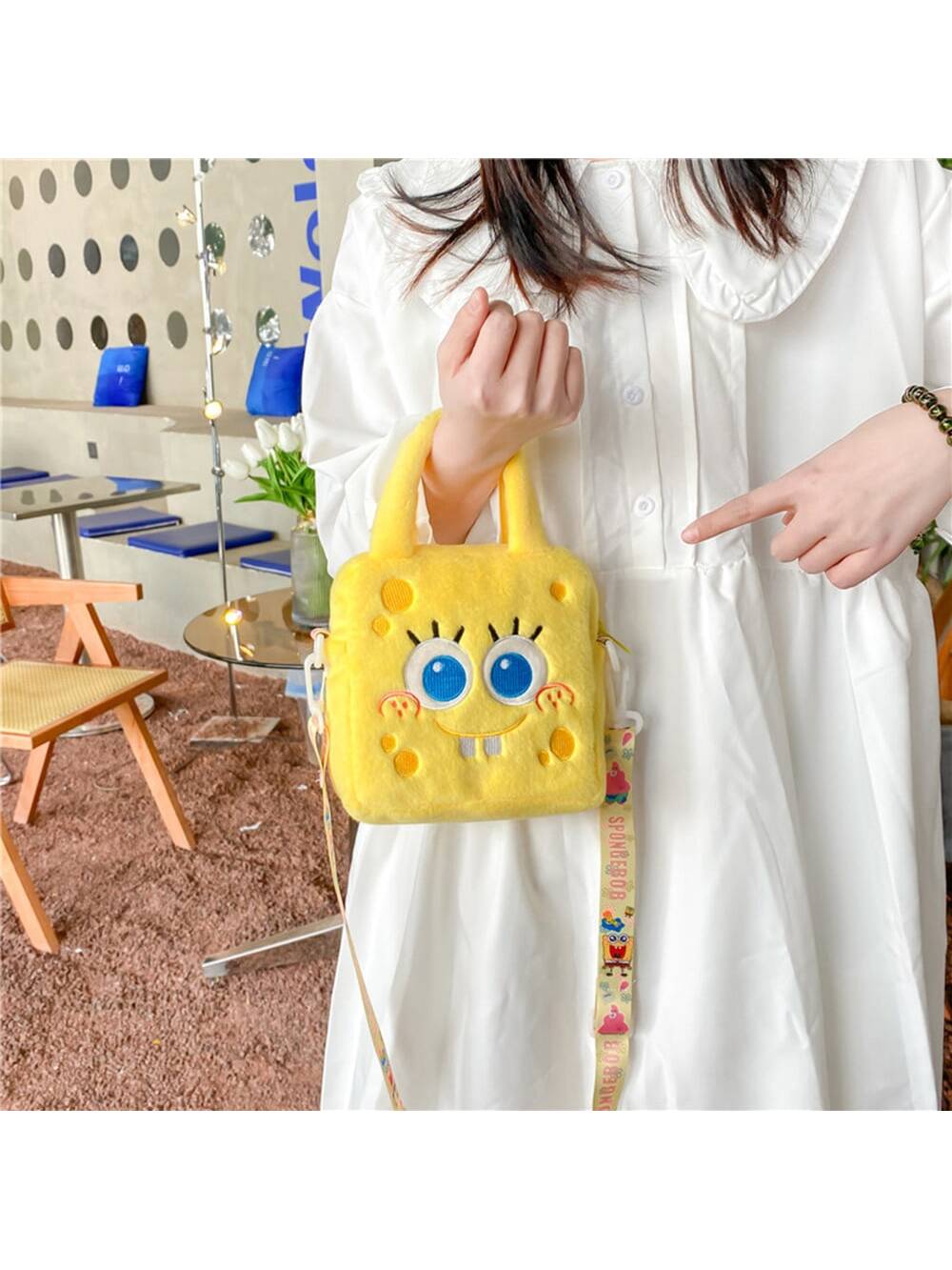 1 Pieza Bolso de mano de mujer de Bob Esponja - Un bolso de mano de peluche para mujer, Bolsa de maquillaje de Bob Esponja, Un bolso cruzado grande y lindo con gran capacidad, Adecuado para varios cosméticos, Un bolso de