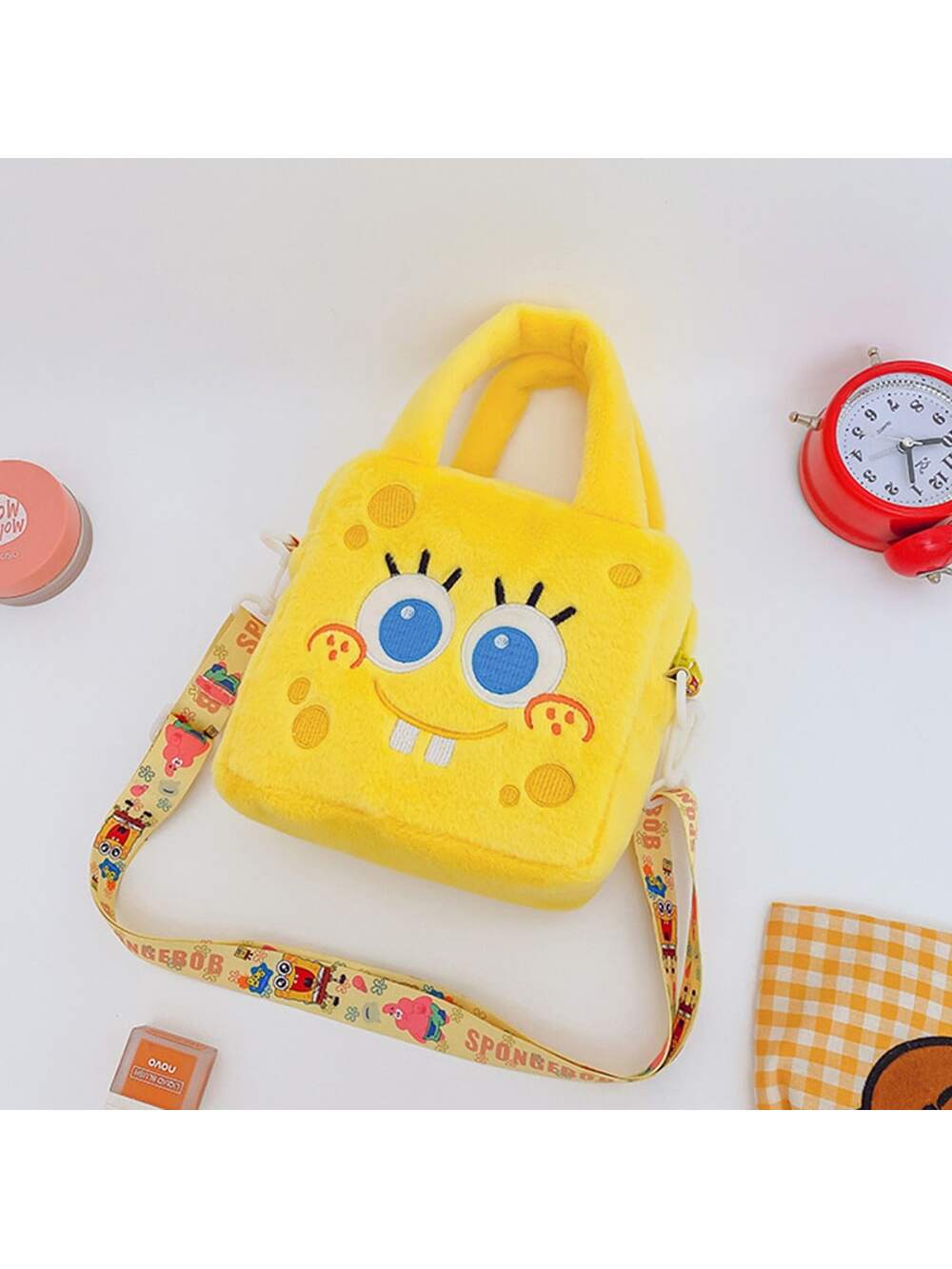 1 Pieza Bolso de mano de mujer de Bob Esponja - Un bolso de mano de peluche para mujer, Bolsa de maquillaje de Bob Esponja, Un bolso cruzado grande y lindo con gran capacidad, Adecuado para varios cosméticos, Un bolso de