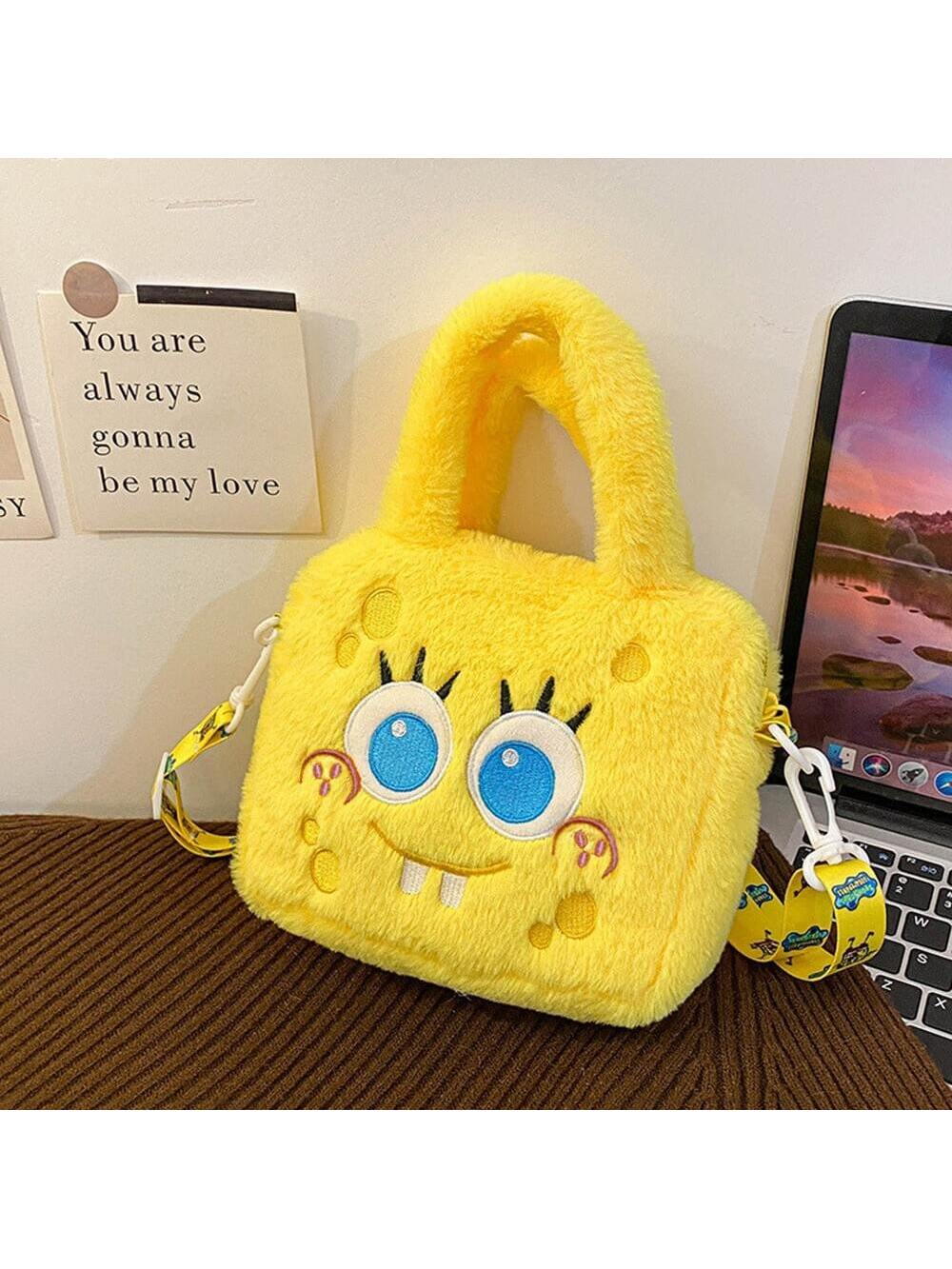 1 Pieza Bolso de mano de mujer de Bob Esponja - Un bolso de mano de peluche para mujer, Bolsa de maquillaje de Bob Esponja, Un bolso cruzado grande y lindo con gran capacidad, Adecuado para varios cosméticos, Un bolso de