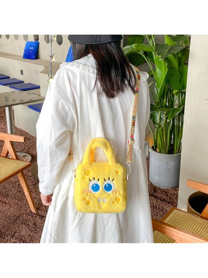 1 Pieza Bolso de mano de mujer de Bob Esponja - Un bolso de mano de peluche para mujer, Bolsa de maquillaje de Bob Esponja, Un bolso cruzado grande y lindo con gran capacidad, Adecuado para varios cosméticos, Un bolso de
