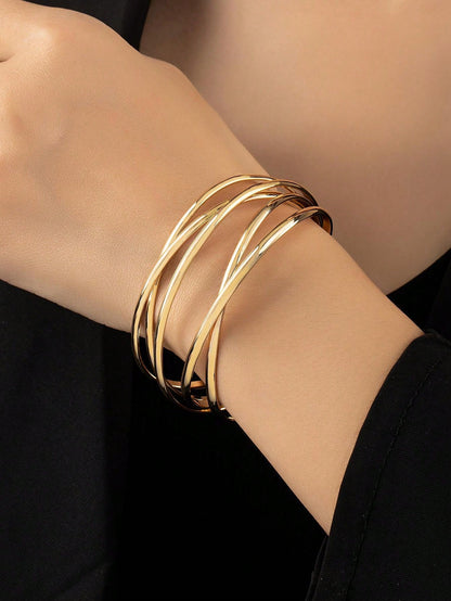 1 pieza Brazalete de varios niveles con diseño hueco y tono plateado, estilo vintage unisex, regalo de moda para uso casual, de fiesta o de vacaciones