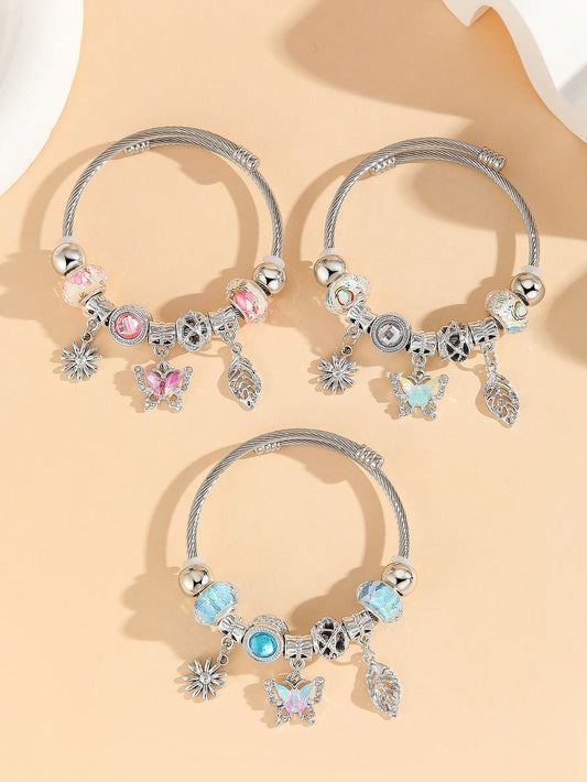 1 pieza Brazalete/pulsera de acero inoxidable con encantos de mariposa, hojas y flores con diamantes de imitación, para decoración diaria de niñas/mujeres
