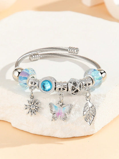 1 pieza Brazalete/pulsera de acero inoxidable con encantos de mariposa, hojas y flores con diamantes de imitación, para decoración diaria de niñas/mujeres