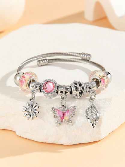 1 pieza Brazalete/pulsera de acero inoxidable con encantos de mariposa, hojas y flores con diamantes de imitación, para decoración diaria de niñas/mujeres