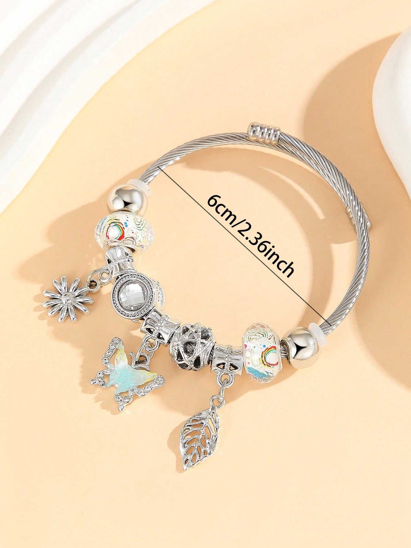 1 pieza Brazalete/pulsera de acero inoxidable con encantos de mariposa, hojas y flores con diamantes de imitación, para decoración diaria de niñas/mujeres