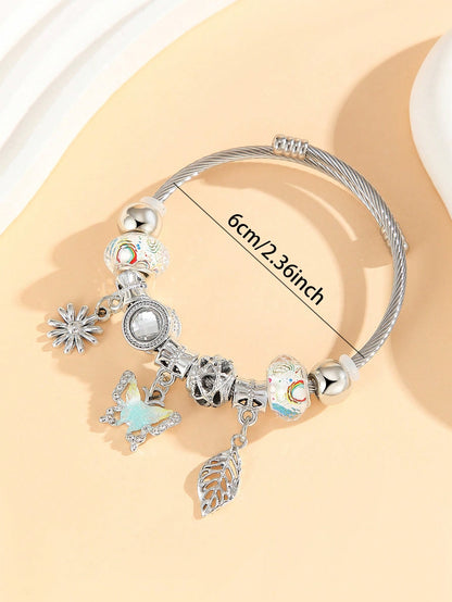 1 pieza Brazalete/pulsera de acero inoxidable con encantos de mariposa, hojas y flores con diamantes de imitación, para decoración diaria de niñas/mujeres