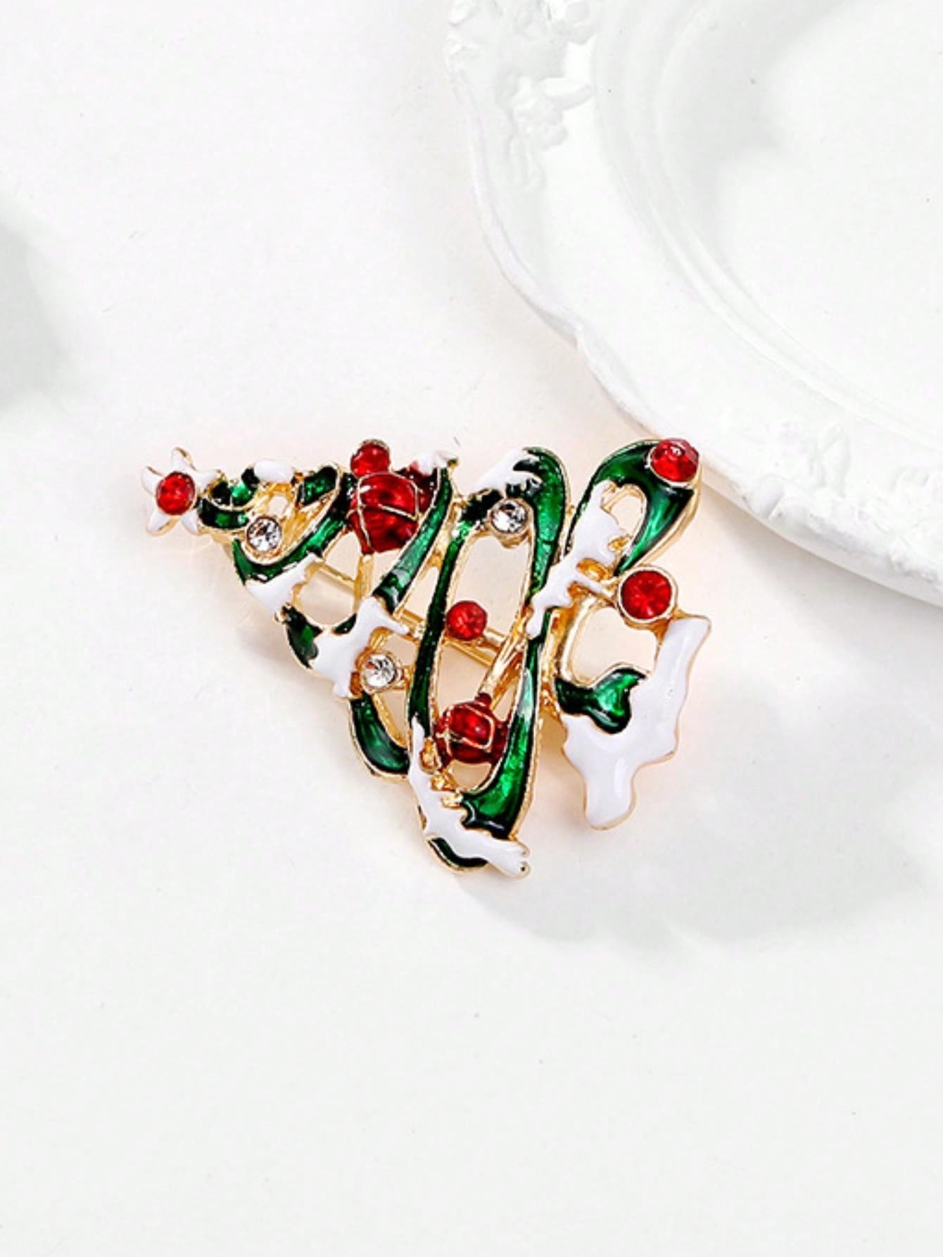 1 pieza Broche de Navidad, broche de árbol de Navidad con diamante de cristal incrustado de moda, accesorio de joyería de aleación navideña
