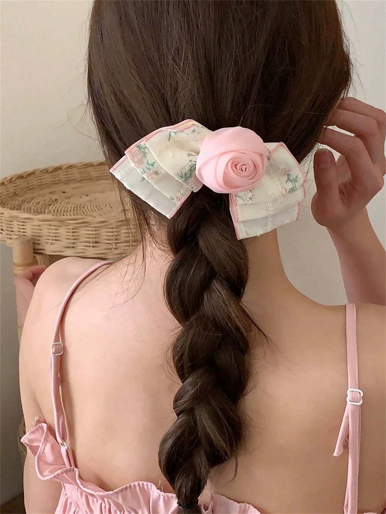 1 pieza Clip de cabello elegante de encaje floral con cinta para mujeres, adecuado para uso diario, escuela, playa, oficina, fiesta, regalo de cumpleaños, temporada de vuelta a clases
