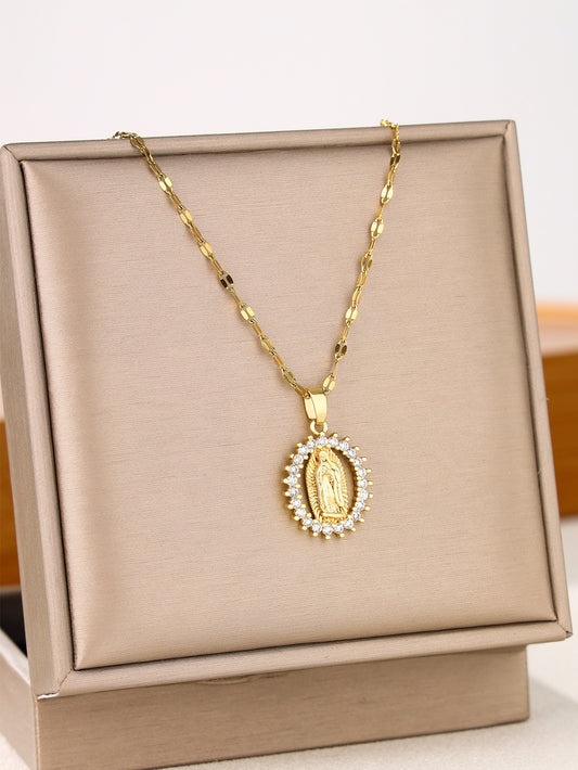 1 pieza Collar de acero inoxidable creativo & personalizado moda oval en forma de micro incrustado zirconia cúbica colgante para mujeres , adecuado para boda , fiesta con uso diario