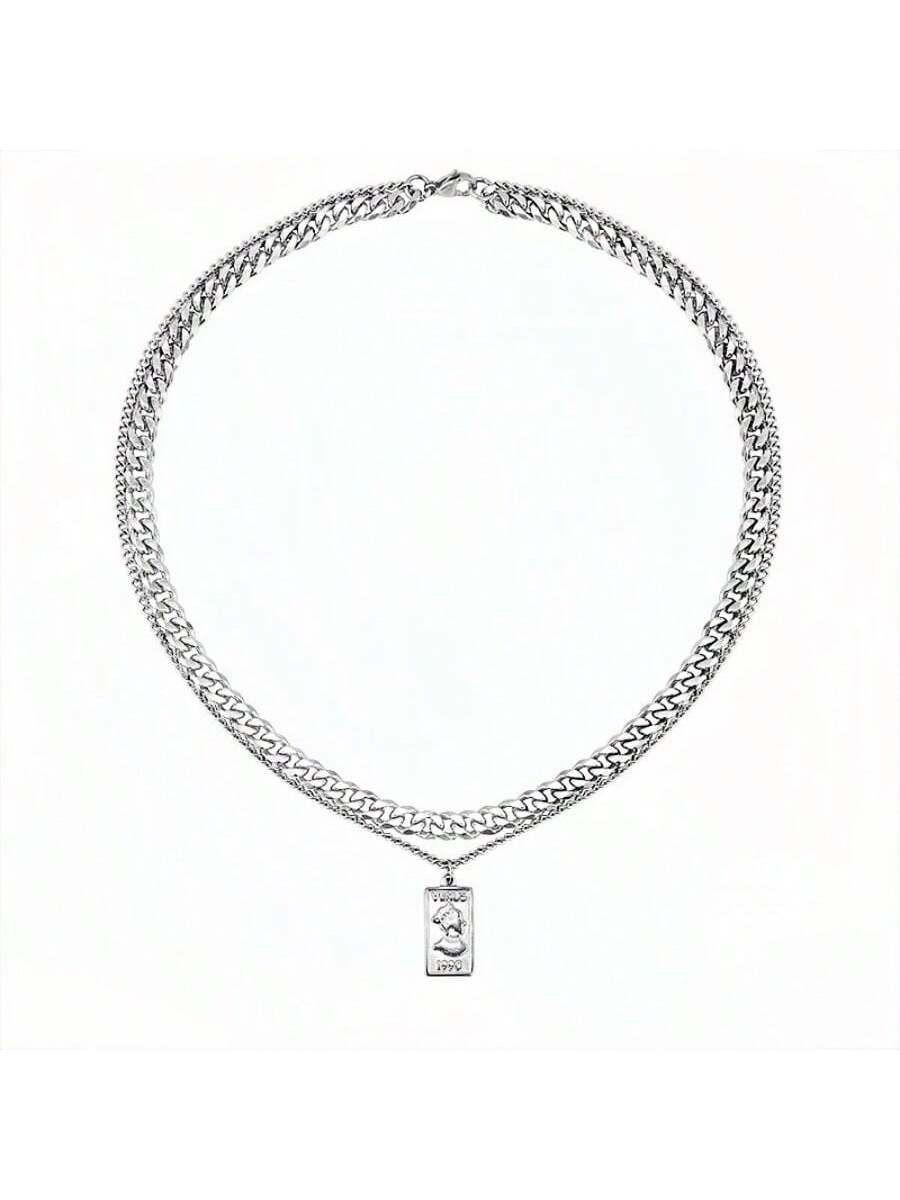 1 pieza Collar de doble cadena de acero inoxidable - Collar único de doble capa, regalo ideal para tu pareja - Accesorio elegante en estilo hip-hop para fiesta de chicos y uso diario