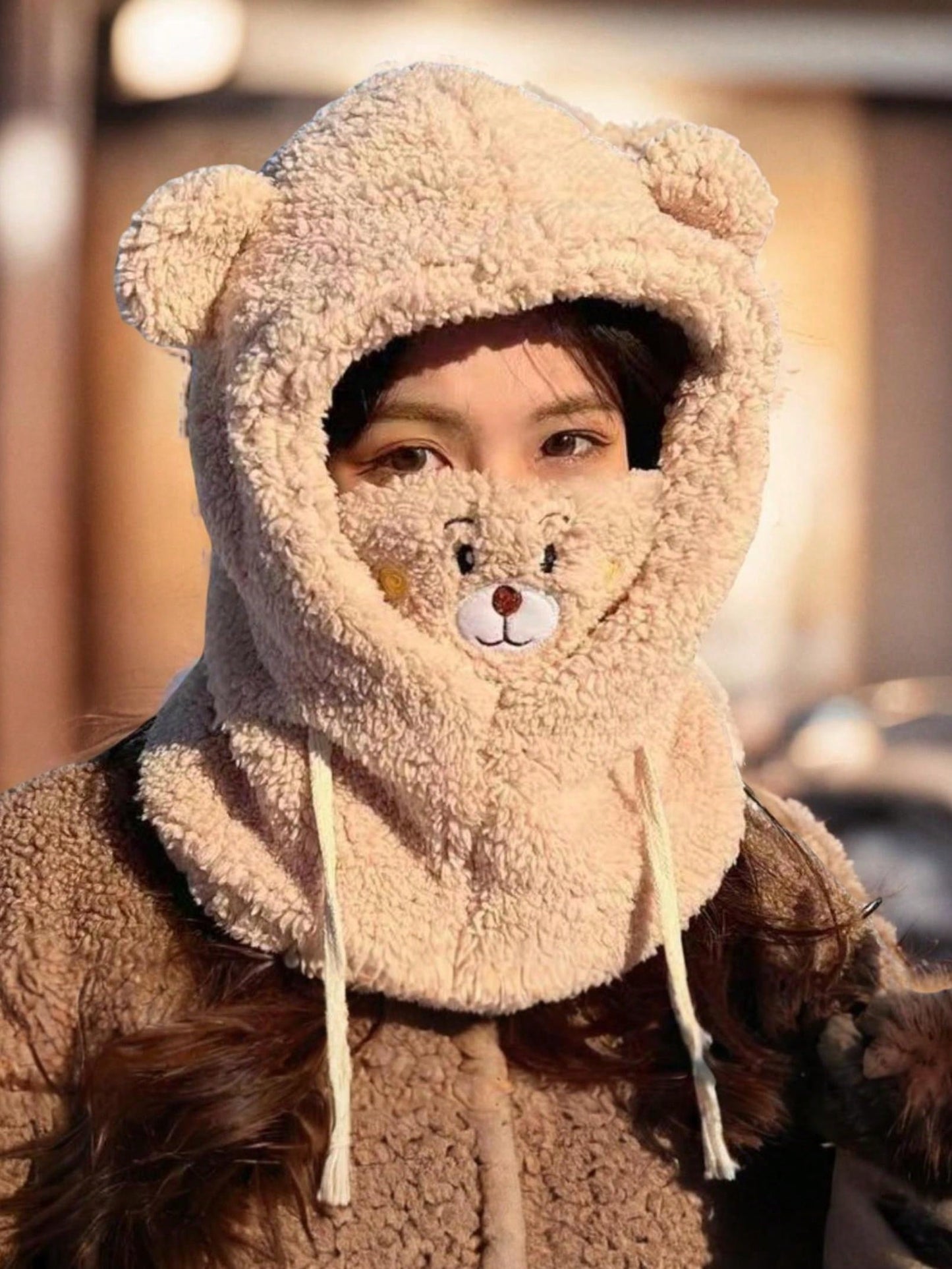 1 pieza Gorro con forma de oso lindo y único con bufanda y máscara, adecuado para uso diario en invierno y otoño