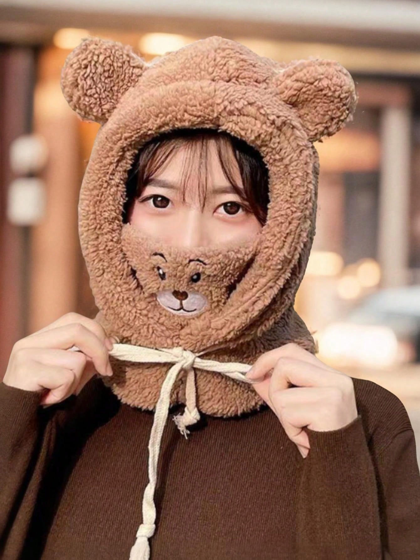 1 pieza Gorro con forma de oso lindo y único con bufanda y máscara, adecuado para uso diario en invierno y otoño