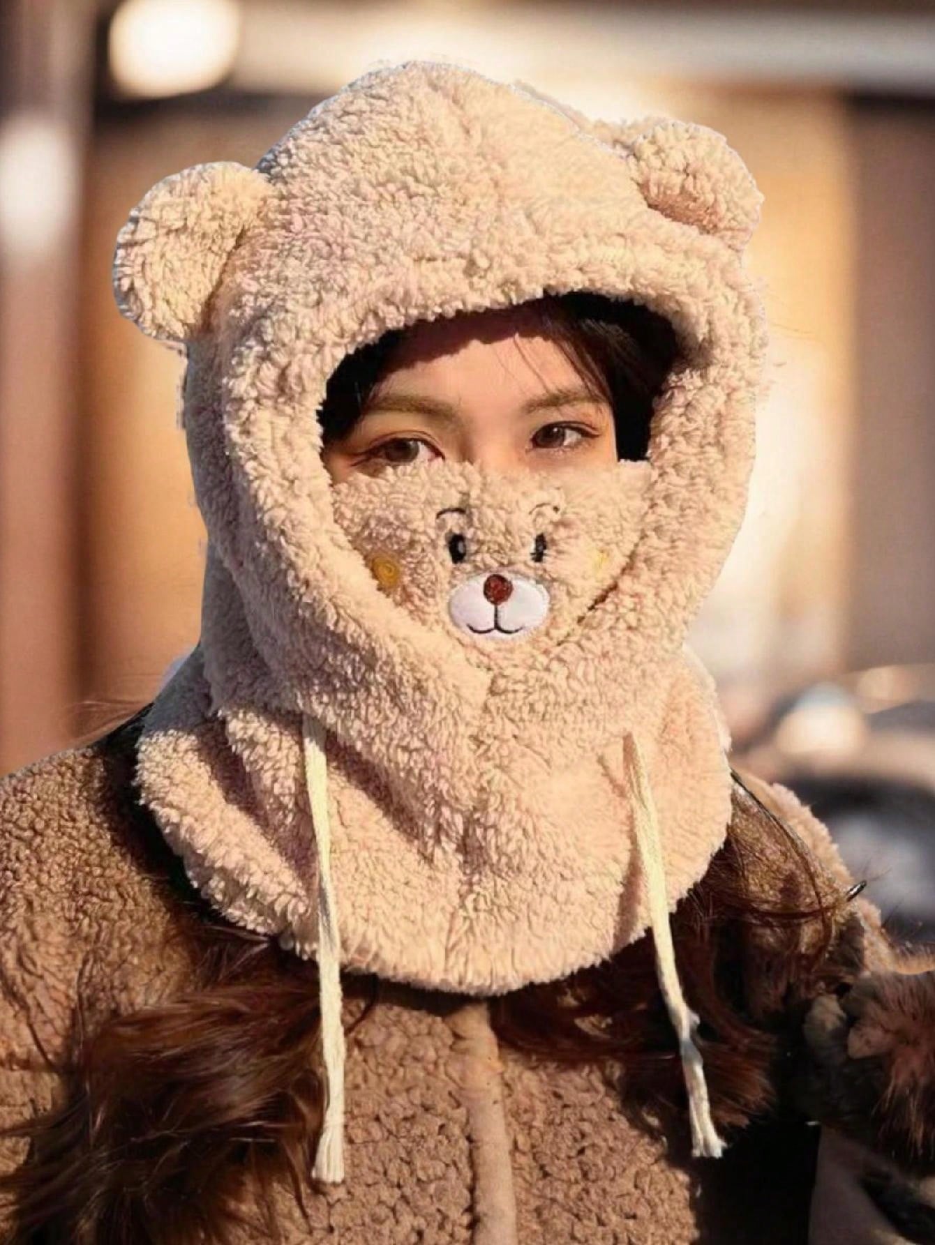 1 pieza Gorro con forma de oso lindo y único con bufanda y máscara, adecuado para uso diario en invierno y otoño