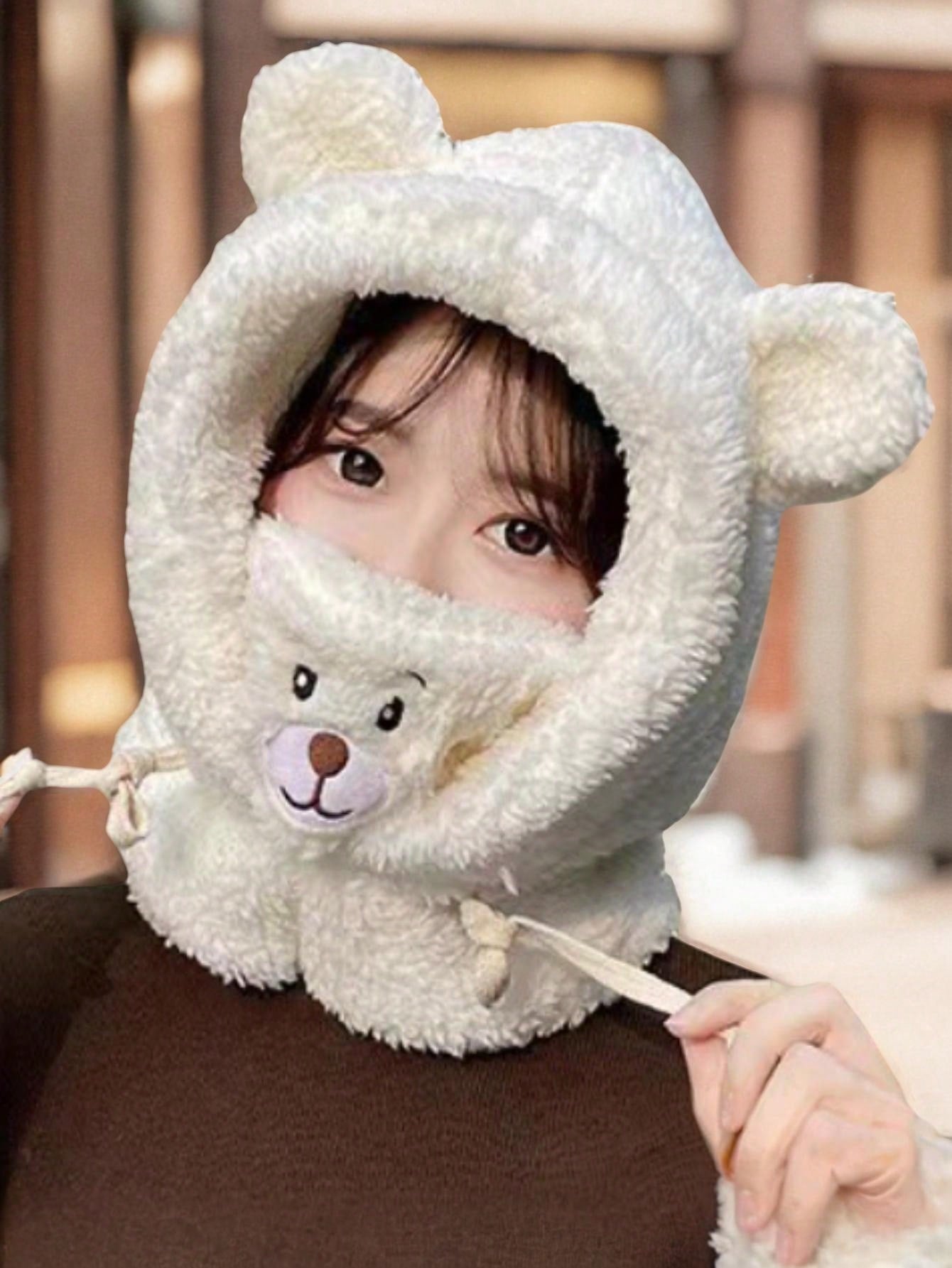 1 pieza Gorro con forma de oso lindo y único con bufanda y máscara, adecuado para uso diario en invierno y otoño