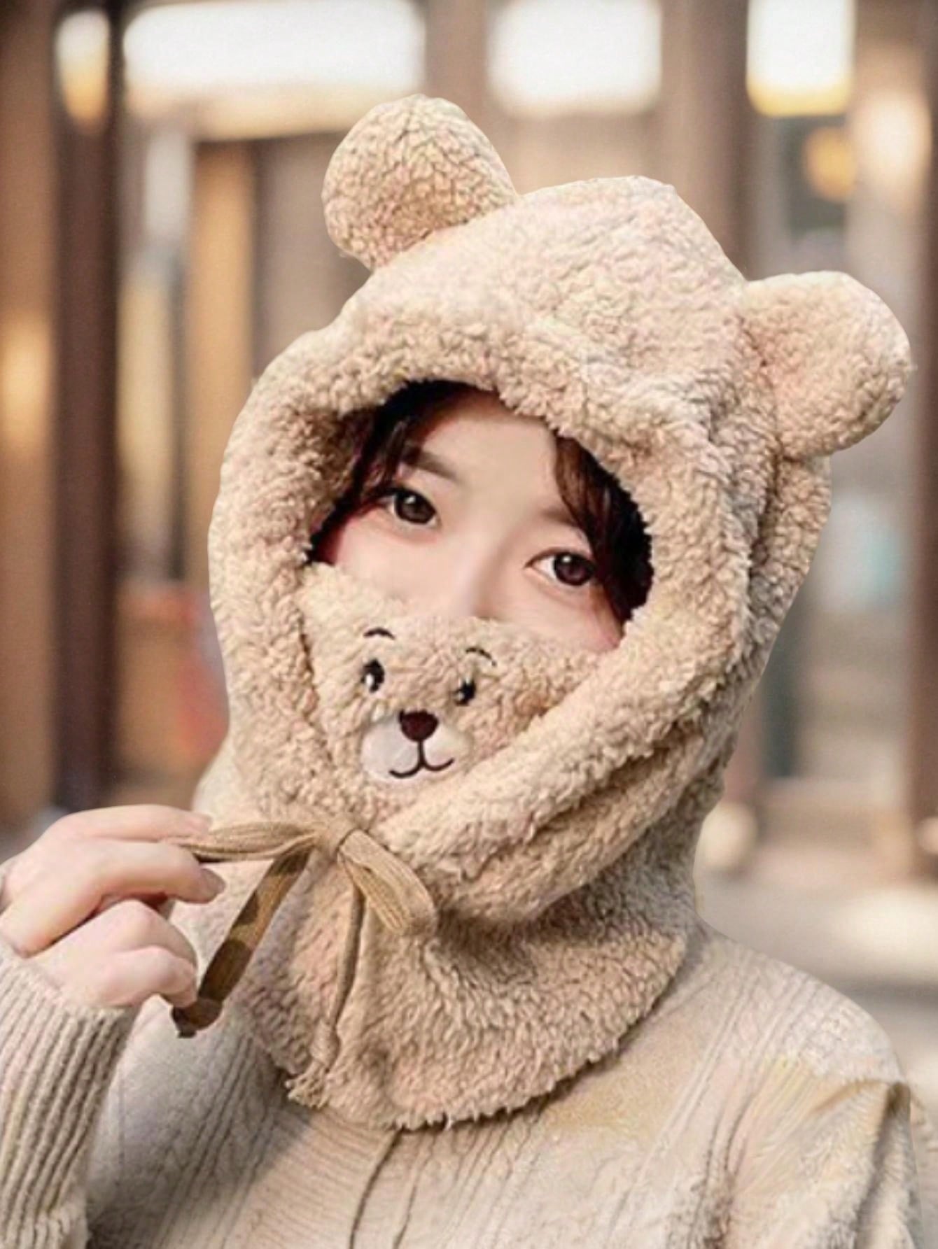 1 pieza Gorro con forma de oso lindo y único con bufanda y máscara, adecuado para uso diario en invierno y otoño