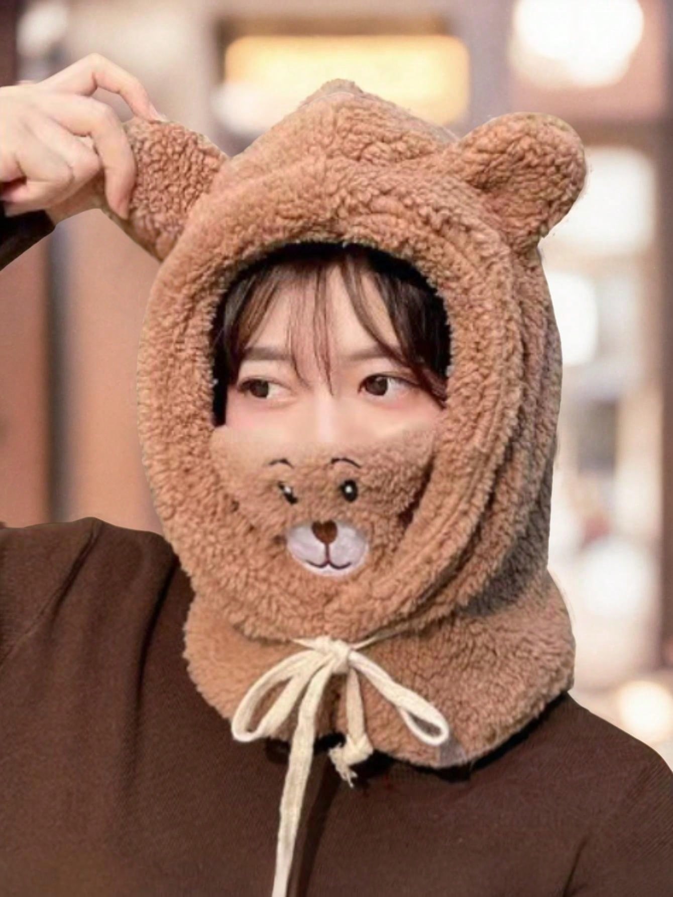 1 pieza Gorro con forma de oso lindo y único con bufanda y máscara, adecuado para uso diario en invierno y otoño
