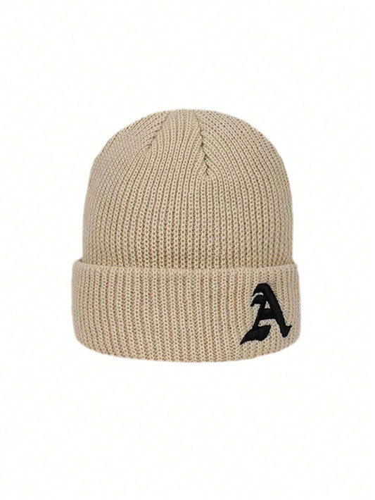 1 pieza Gorro de punto con letra A bordada, minimalista y nuevo para mujer, cálido y versátil pasamontañas para deportes al aire libre en otoño/invierno