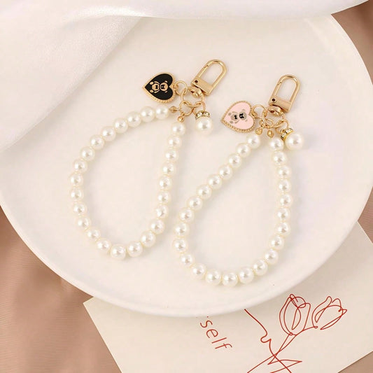 1 pieza Lindo y sencillo llavero con colgante de oso con corazón dorado y perla, anillo de llave de coche de moda, decoración para funda de bolso y auriculares, gran regalo para chicas, apropiado para uso diario