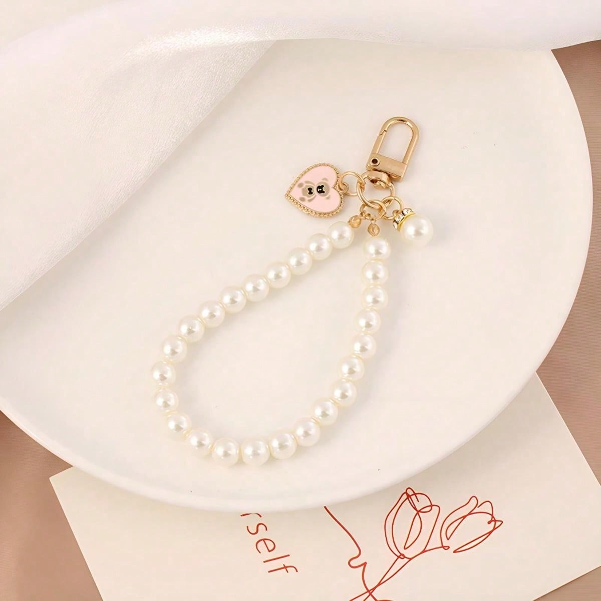 1 pieza Lindo y sencillo llavero con colgante de oso con corazón dorado y perla, anillo de llave de coche de moda, decoración para funda de bolso y auriculares, gran regalo para chicas, apropiado para uso diario