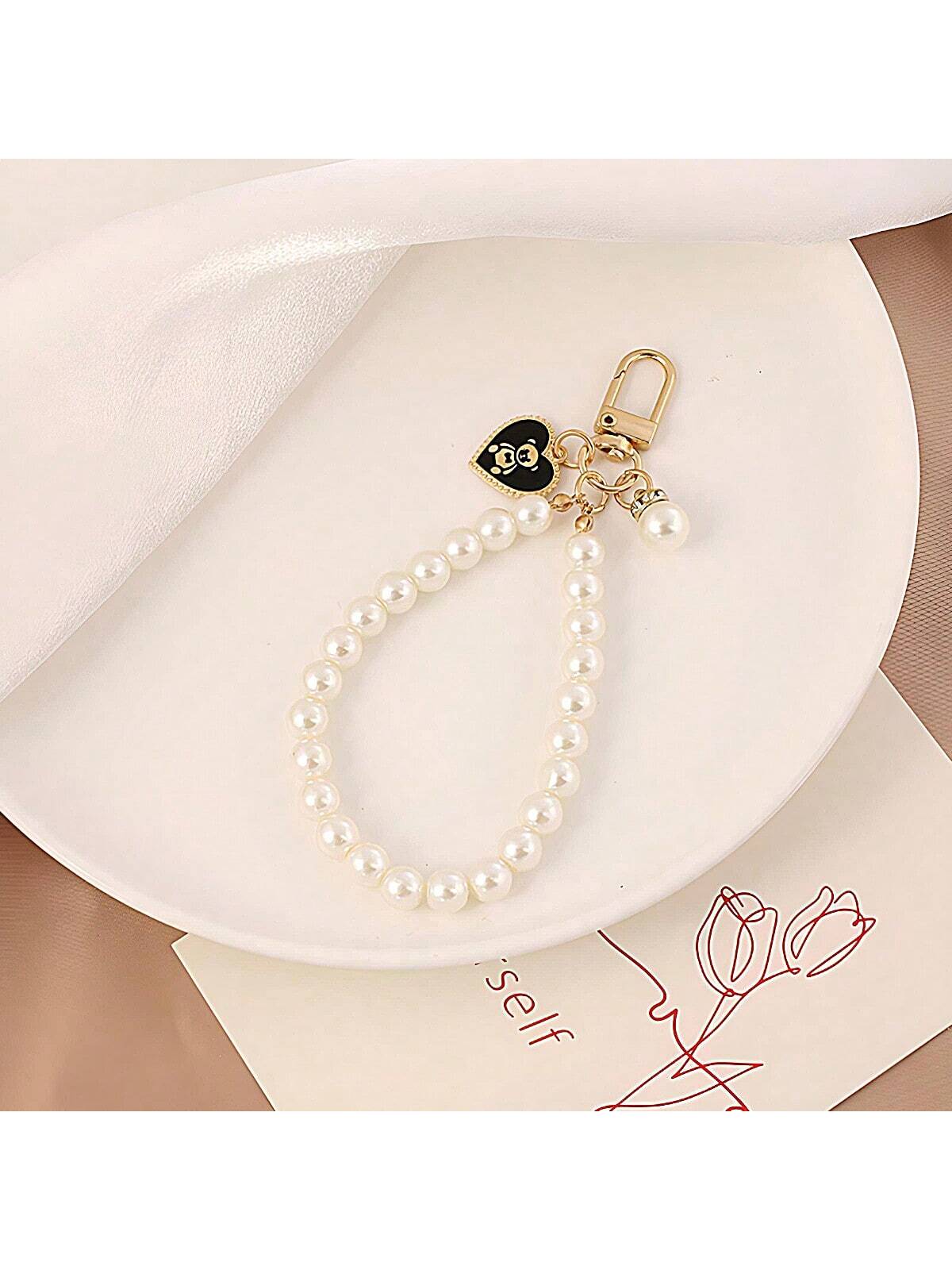 1 pieza Lindo y sencillo llavero con colgante de oso con corazón dorado y perla, anillo de llave de coche de moda, decoración para funda de bolso y auriculares, gran regalo para chicas, apropiado para uso diario