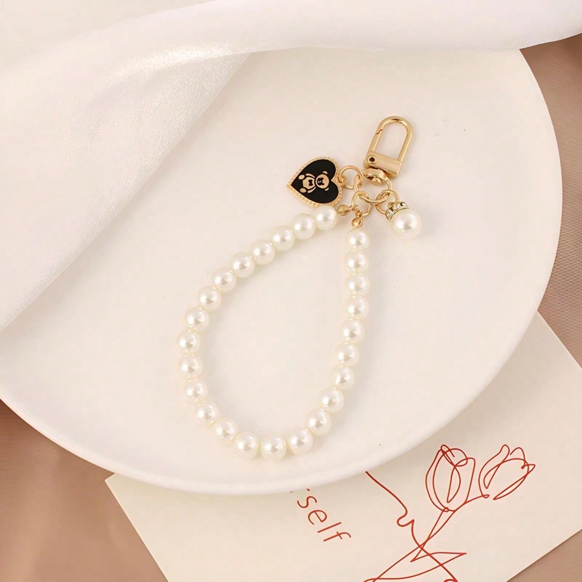 1 pieza Lindo y sencillo llavero con colgante de oso con corazón dorado y perla, anillo de llave de coche de moda, decoración para funda de bolso y auriculares, gran regalo para chicas, apropiado para uso diario