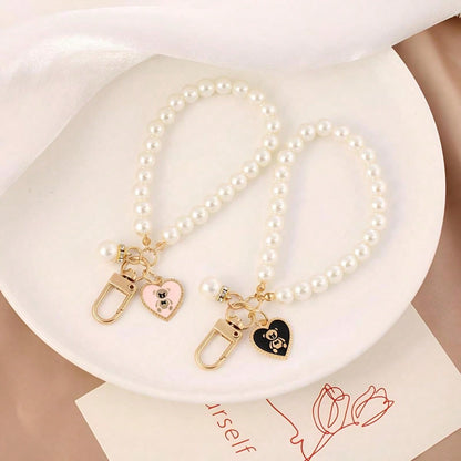 1 pieza Lindo y sencillo llavero con colgante de oso con corazón dorado y perla, anillo de llave de coche de moda, decoración para funda de bolso y auriculares, gran regalo para chicas, apropiado para uso diario