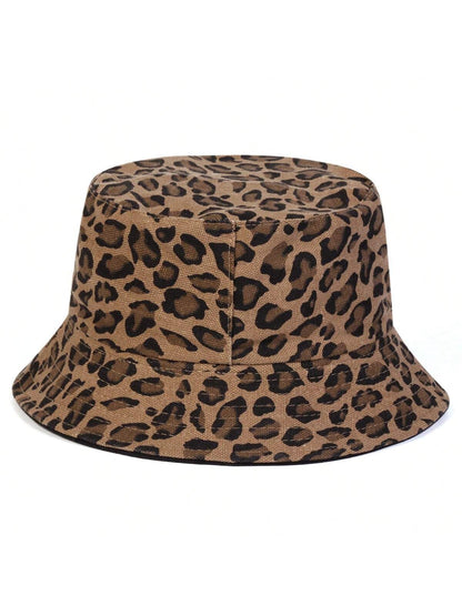 1 pieza Sombrero de cubo con estampado de leopardo para mujeres, sombrero de cubo de moda para uso casual, protección solar, adecuado para viajes de primavera/otoño, fiestas en la playa, etc.