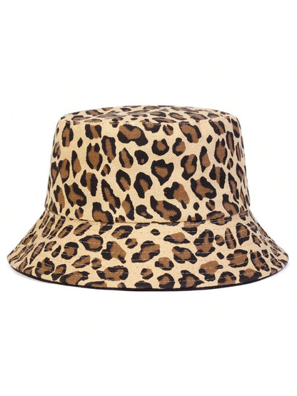 1 pieza Sombrero de cubo con estampado de leopardo para mujeres, sombrero de cubo de moda para uso casual, protección solar, adecuado para viajes de primavera/otoño, fiestas en la playa, etc.