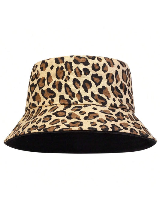 1 pieza Sombrero de cubo con estampado de leopardo para mujeres, sombrero de cubo de moda para uso casual, protección solar, adecuado para viajes de primavera/otoño, fiestas en la playa, etc.