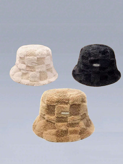 1 pieza Sombrero de cubo de moda con protección de oídos a prueba de viento estilo a cuadros para mujer, otoño/invierno