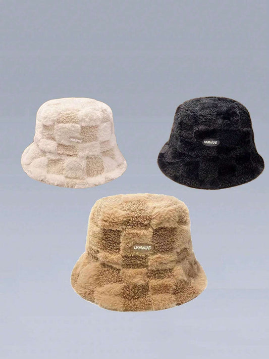 1 pieza Sombrero de cubo de moda con protección de oídos a prueba de viento estilo a cuadros para mujer, otoño/invierno