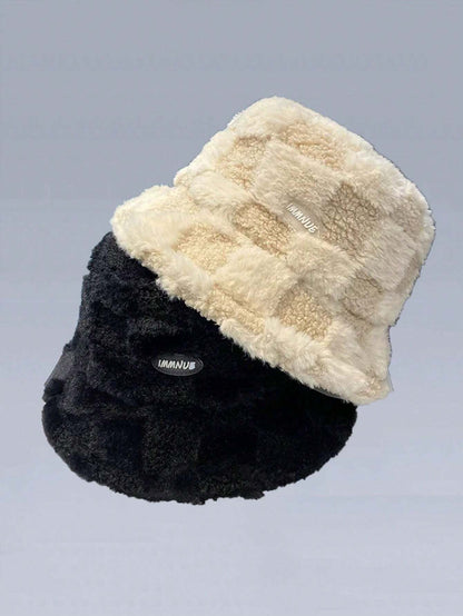1 pieza Sombrero de cubo de moda con protección de oídos a prueba de viento estilo a cuadros para mujer, otoño/invierno