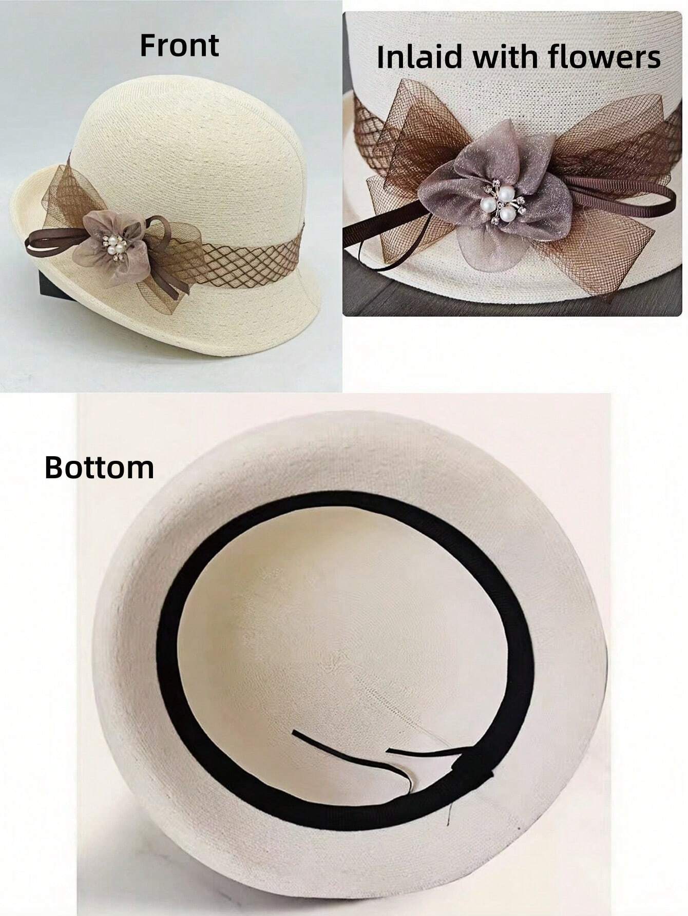 1 pieza Sombrero de paja tejido a mano para mujer con decoración floral recamada, elegante y de moda, adecuado para uso diario, fiestas y eventos
