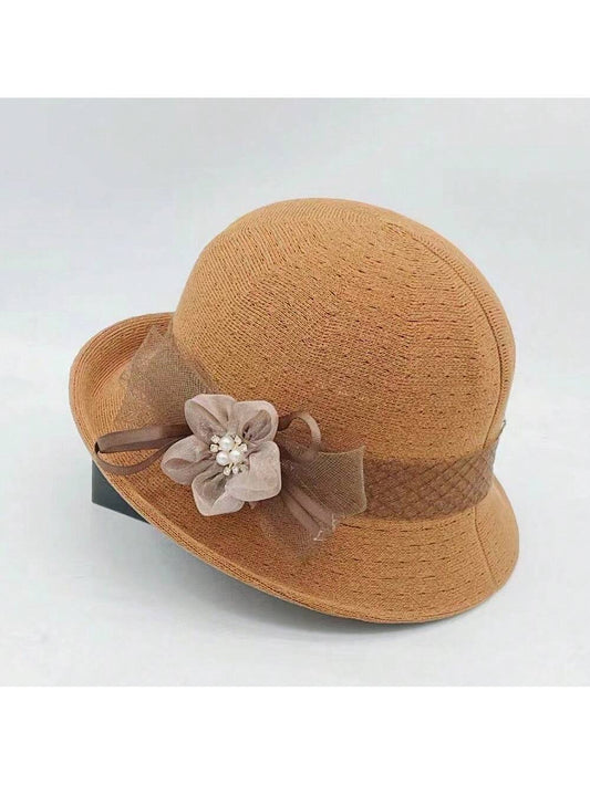 1 pieza Sombrero de paja tejido a mano para mujer con decoración floral recamada, elegante y de moda, adecuado para uso diario, fiestas y eventos