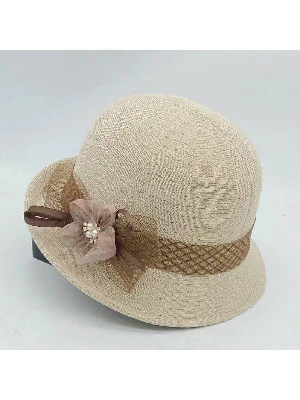 1 pieza Sombrero de paja tejido a mano para mujer con decoración floral recamada, elegante y de moda, adecuado para uso diario, fiestas y eventos